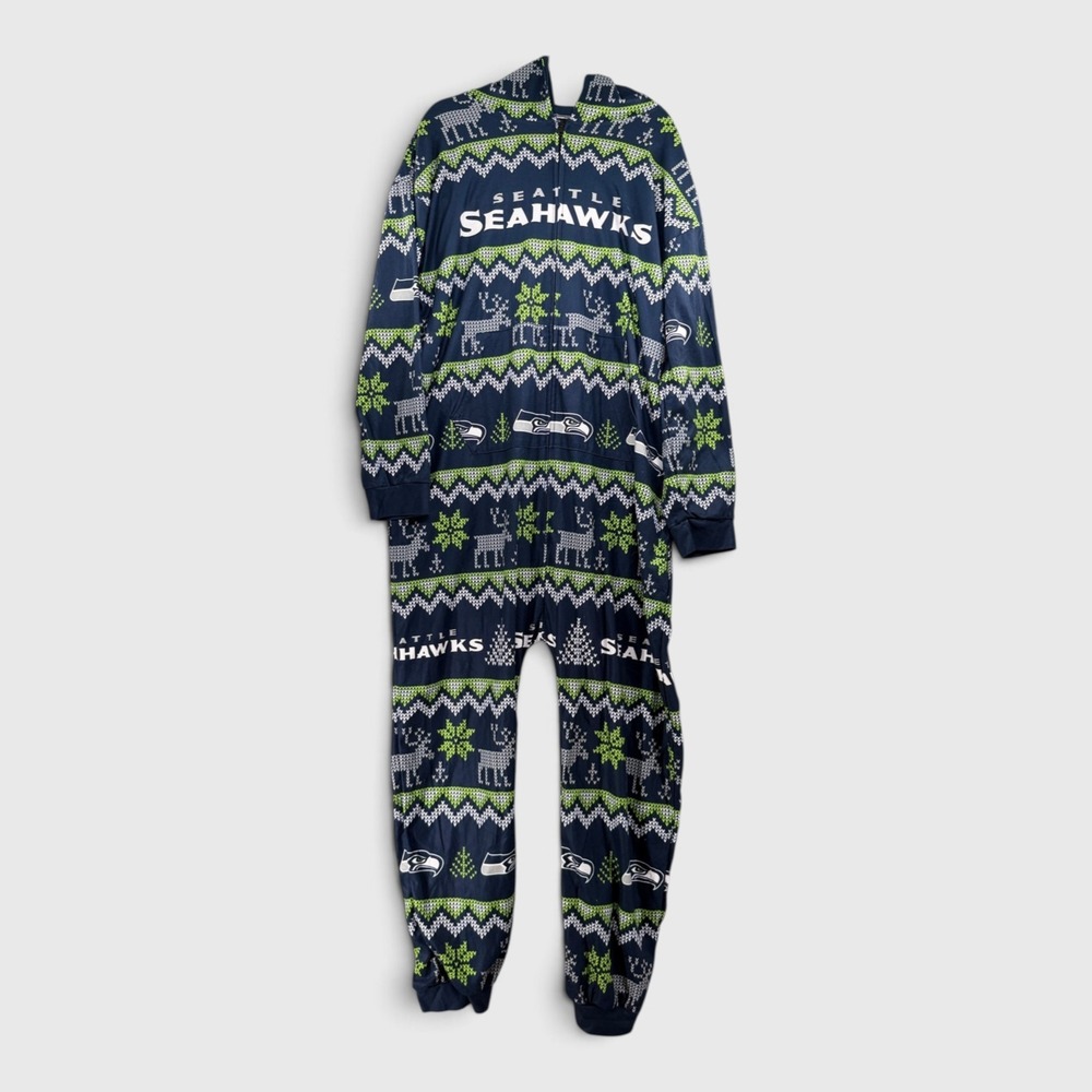 NFL Team Apparel Seattle Seahawks Union Suit Unisex L Blue Fair Isle Hooded PJs